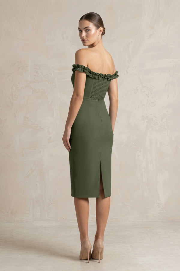 Off - the - Shoulder Sheath Ruffled Midi Bridesmaid Dress in Olive - KISS BRIDAL Bridesmaid Dresses