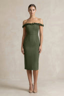 Off - the - Shoulder Sheath Ruffled Midi Bridesmaid Dress in Olive - KISS BRIDAL Bridesmaid Dresses