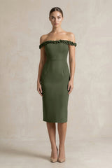 Off - the - Shoulder Sheath Ruffled Midi Bridesmaid Dress in Olive - KISS BRIDAL Bridesmaid Dresses