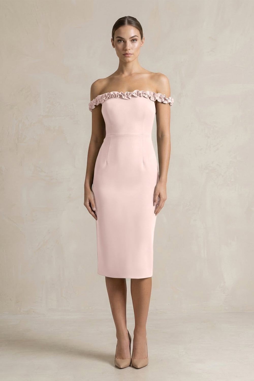 Off - the - Shoulder Sheath Ruffled Midi Bridesmaid Dress in Pale Blush - KISS BRIDAL Bridesmaid Dresses