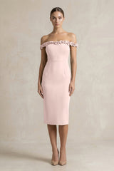 Off - the - Shoulder Sheath Ruffled Midi Bridesmaid Dress in Pale Blush - KISS BRIDAL Bridesmaid Dresses