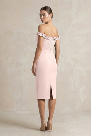 Off - the - Shoulder Sheath Ruffled Midi Bridesmaid Dress in Pale Blush - KISS BRIDAL Bridesmaid Dresses