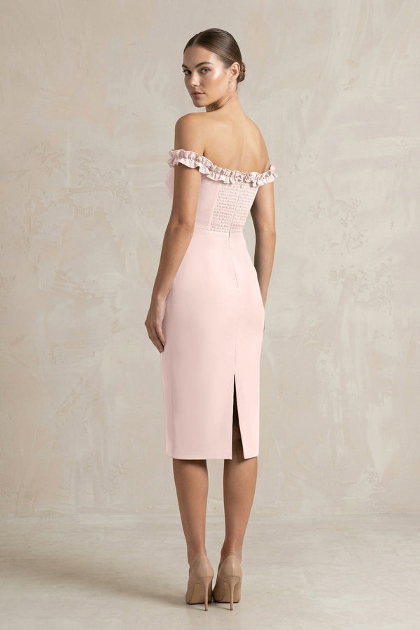 Off - the - Shoulder Sheath Ruffled Midi Bridesmaid Dress in Pale Blush - KISS BRIDAL Bridesmaid Dresses