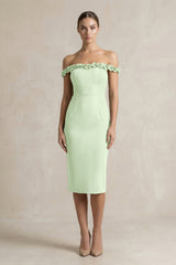 Off - the - Shoulder Sheath Ruffled Midi Bridesmaid Dress in Pale Pistachio - KISS BRIDAL Bridesmaid Dresses