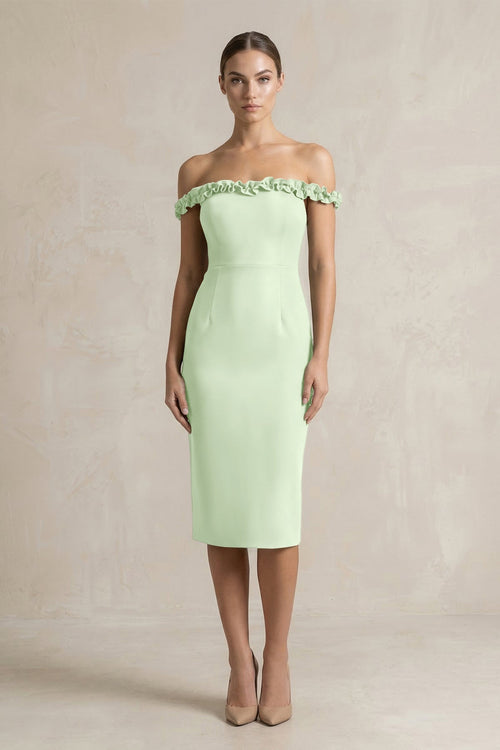 Off - the - Shoulder Sheath Ruffled Midi Bridesmaid Dress in Pale Pistachio - KISS BRIDAL Bridesmaid Dresses