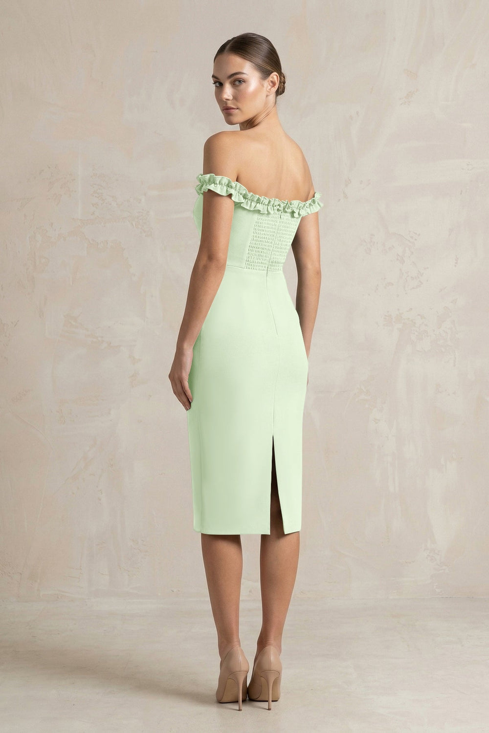 Off - the - Shoulder Sheath Ruffled Midi Bridesmaid Dress in Pale Pistachio - KISS BRIDAL Bridesmaid Dresses