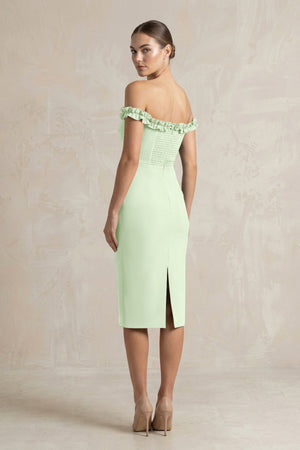 Off - the - Shoulder Sheath Ruffled Midi Bridesmaid Dress in Pale Pistachio - KISS BRIDAL Bridesmaid Dresses