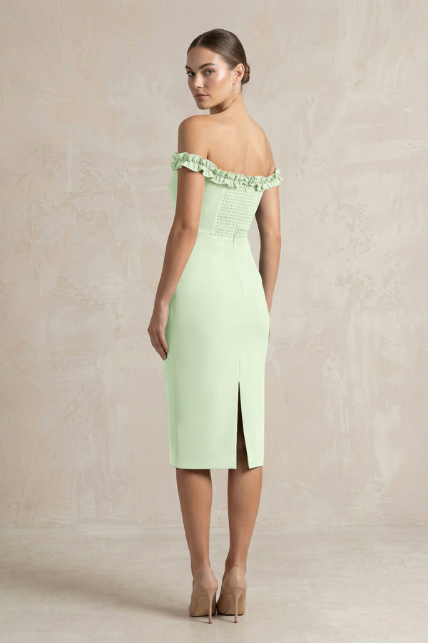 Off - the - Shoulder Sheath Ruffled Midi Bridesmaid Dress in Pale Pistachio - KISS BRIDAL Bridesmaid Dresses