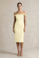 Off - the - Shoulder Sheath Ruffled Midi Bridesmaid Dress in Pastel Yellow - KISS BRIDAL Bridesmaid Dresses