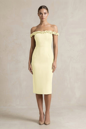 Off - the - Shoulder Sheath Ruffled Midi Bridesmaid Dress in Pastel Yellow - KISS BRIDAL Bridesmaid Dresses