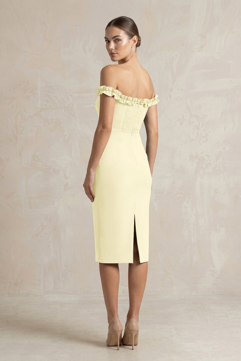 Off - the - Shoulder Sheath Ruffled Midi Bridesmaid Dress in Pastel Yellow - KISS BRIDAL Bridesmaid Dresses