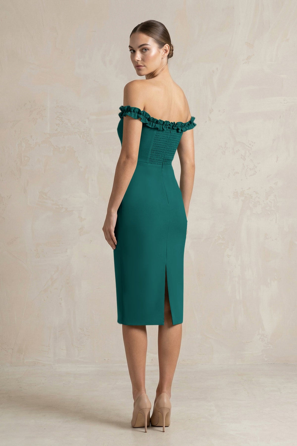 Off - the - Shoulder Sheath Ruffled Midi Bridesmaid Dress in Pine - KISS BRIDAL Bridesmaid Dresses