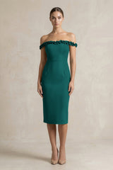 Off - the - Shoulder Sheath Ruffled Midi Bridesmaid Dress in Pine - KISS BRIDAL Bridesmaid Dresses