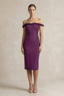 Off - the - Shoulder Sheath Ruffled Midi Bridesmaid Dress in Plum - KISS BRIDAL Bridesmaid Dresses
