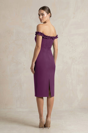 Off - the - Shoulder Sheath Ruffled Midi Bridesmaid Dress in Plum - KISS BRIDAL Bridesmaid Dresses