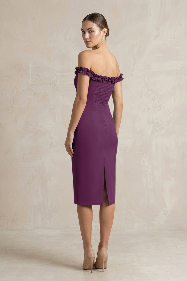 Off - the - Shoulder Sheath Ruffled Midi Bridesmaid Dress in Plum - KISS BRIDAL Bridesmaid Dresses