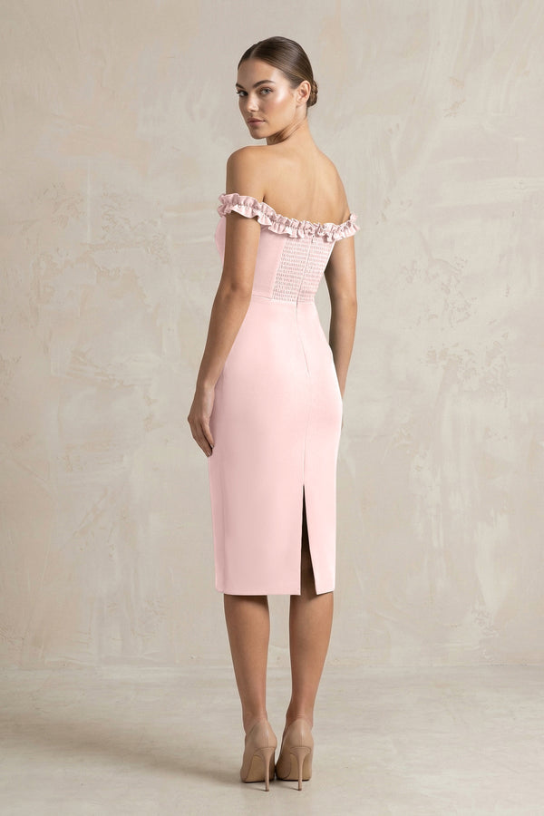 Off - the - Shoulder Sheath Ruffled Midi Bridesmaid Dress in Rose Petal - KISS BRIDAL Bridesmaid Dresses