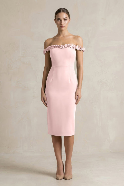 Off - the - Shoulder Sheath Ruffled Midi Bridesmaid Dress in Rose Petal - KISS BRIDAL Bridesmaid Dresses