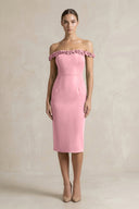 Off - the - Shoulder Sheath Ruffled Midi Bridesmaid Dress in Rosette - KISS BRIDAL Bridesmaid Dresses