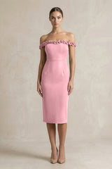 Off - the - Shoulder Sheath Ruffled Midi Bridesmaid Dress in Rosette - KISS BRIDAL Bridesmaid Dresses
