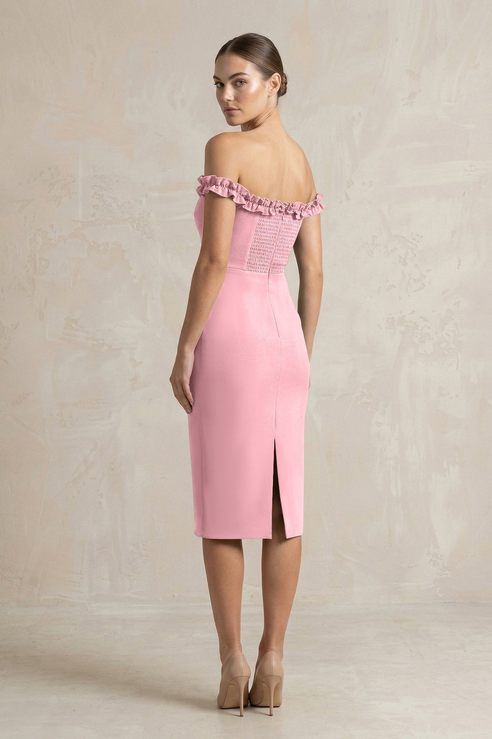 Off - the - Shoulder Sheath Ruffled Midi Bridesmaid Dress in Rosette - KISS BRIDAL Bridesmaid Dresses