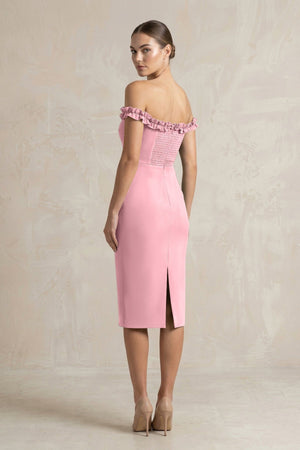 Off - the - Shoulder Sheath Ruffled Midi Bridesmaid Dress in Rosette - KISS BRIDAL Bridesmaid Dresses
