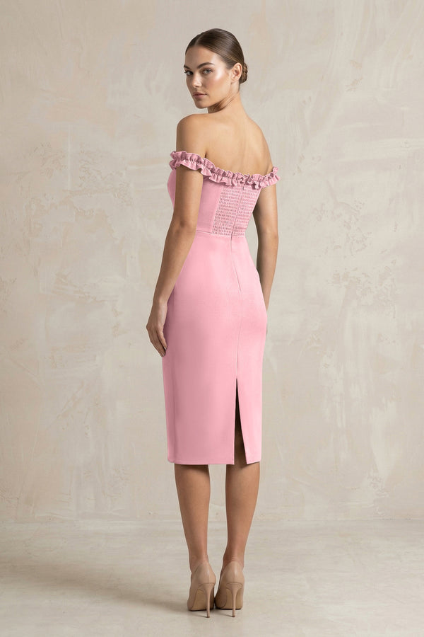 Off - the - Shoulder Sheath Ruffled Midi Bridesmaid Dress in Rosette - KISS BRIDAL Bridesmaid Dresses