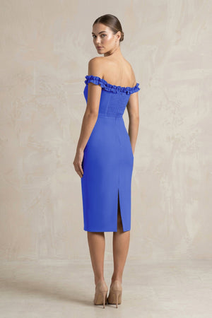 Off - the - Shoulder Sheath Ruffled Midi Bridesmaid Dress in Royal Blue - KISS BRIDAL Bridesmaid Dresses