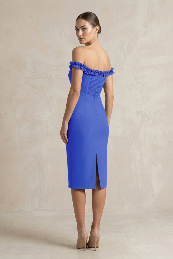 Off - the - Shoulder Sheath Ruffled Midi Bridesmaid Dress in Royal Blue - KISS BRIDAL Bridesmaid Dresses