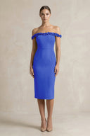 Off - the - Shoulder Sheath Ruffled Midi Bridesmaid Dress in Royal Blue - KISS BRIDAL Bridesmaid Dresses