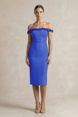 Off - the - Shoulder Sheath Ruffled Midi Bridesmaid Dress in Royal Blue - KISS BRIDAL Bridesmaid Dresses