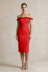 Off - the - Shoulder Sheath Ruffled Midi Bridesmaid Dress in Ruby Red - KISS BRIDAL Bridesmaid Dresses