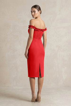 Off - the - Shoulder Sheath Ruffled Midi Bridesmaid Dress in Ruby Red - KISS BRIDAL Bridesmaid Dresses