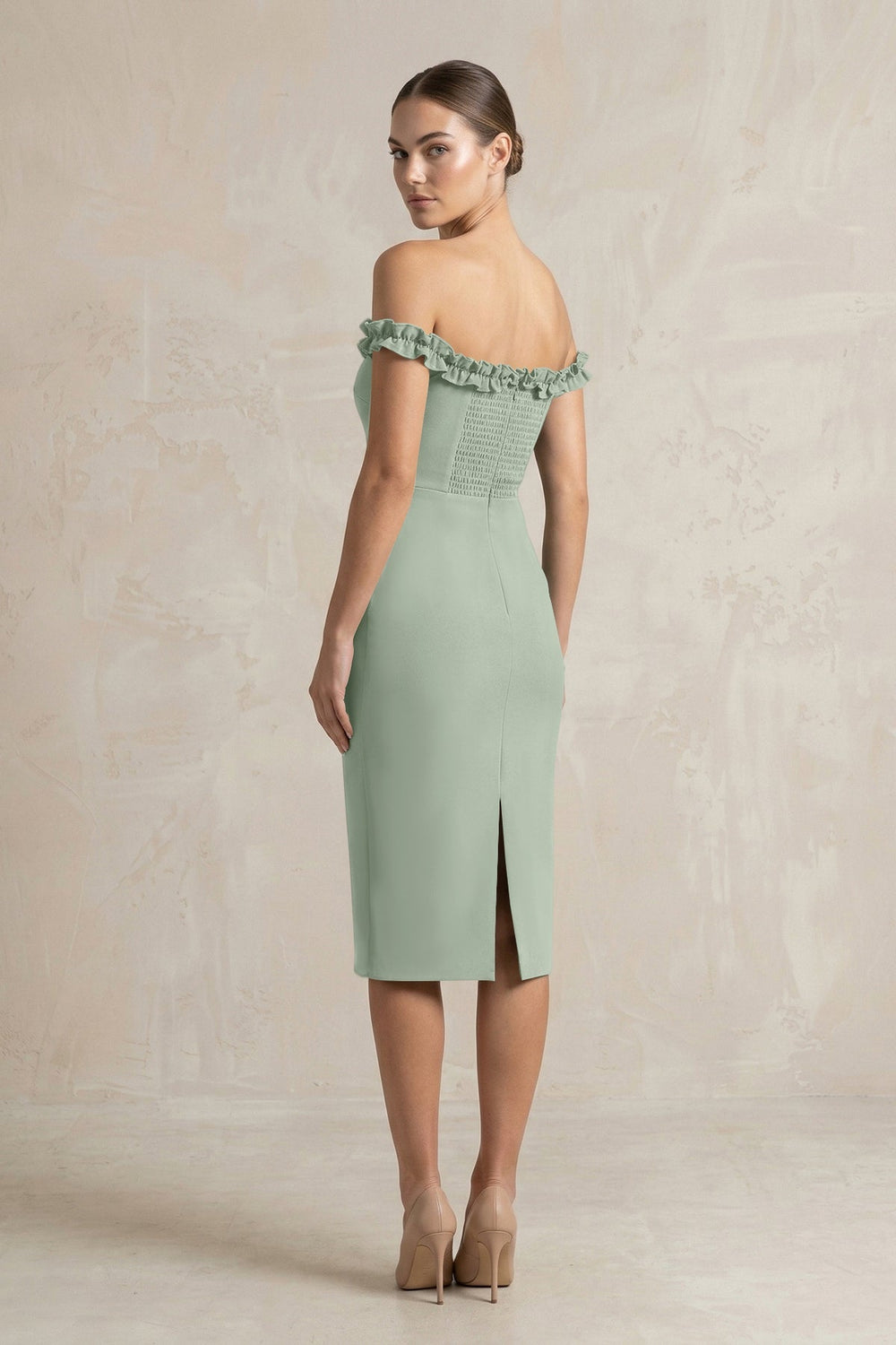Off - the - Shoulder Sheath Ruffled Midi Bridesmaid Dress in Sage - KISS BRIDAL Bridesmaid Dresses