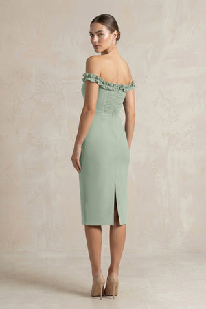 Off - the - Shoulder Sheath Ruffled Midi Bridesmaid Dress in Sage - KISS BRIDAL Bridesmaid Dresses