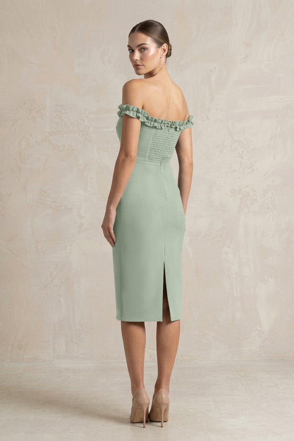 Off - the - Shoulder Sheath Ruffled Midi Bridesmaid Dress in Sage - KISS BRIDAL Bridesmaid Dresses