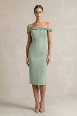 Off - the - Shoulder Sheath Ruffled Midi Bridesmaid Dress in Sage - KISS BRIDAL Bridesmaid Dresses
