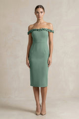 Off - the - Shoulder Sheath Ruffled Midi Bridesmaid Dress in Sea Glass - KISS BRIDAL Bridesmaid Dresses