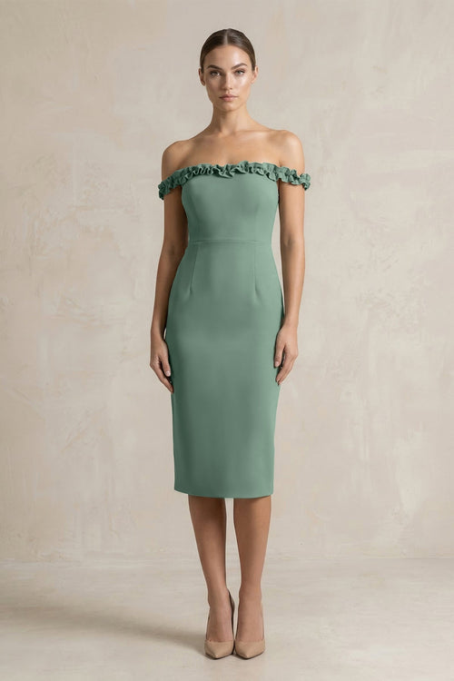 Off - the - Shoulder Sheath Ruffled Midi Bridesmaid Dress in Sea Glass - SHE IS ME Bridesmaid Dresses