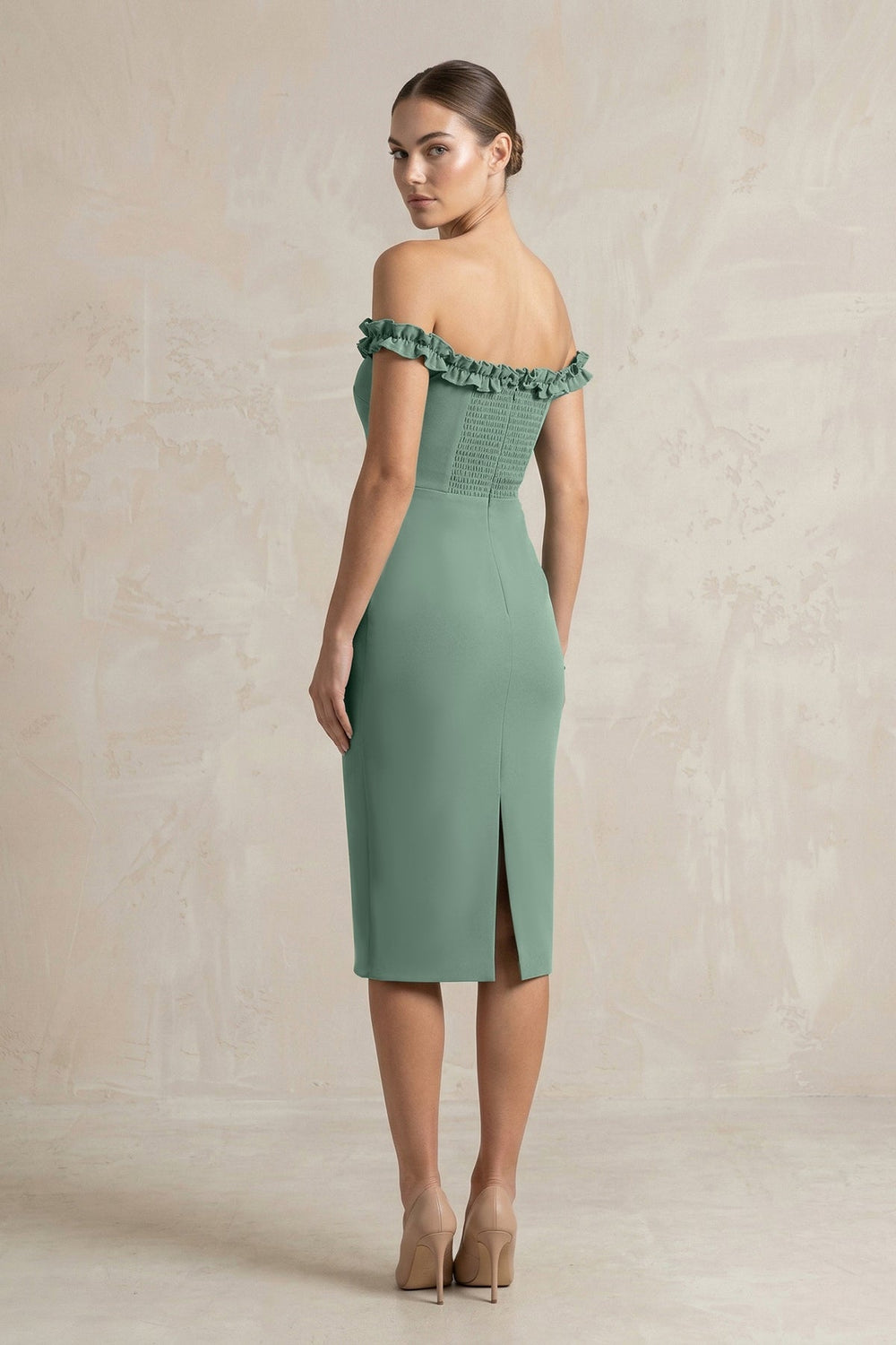 Off - the - Shoulder Sheath Ruffled Midi Bridesmaid Dress in Sea Glass - KISS BRIDAL Bridesmaid Dresses