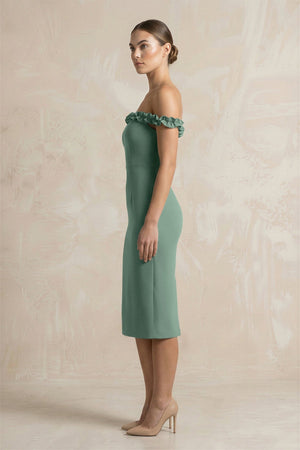 Off - the - Shoulder Sheath Ruffled Midi Bridesmaid Dress in Sea Glass - SHE IS ME Bridesmaid Dresses