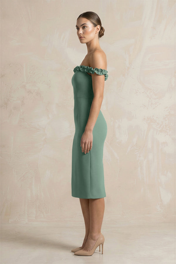 Off - the - Shoulder Sheath Ruffled Midi Bridesmaid Dress in Sea Glass - SHE IS ME Bridesmaid Dresses