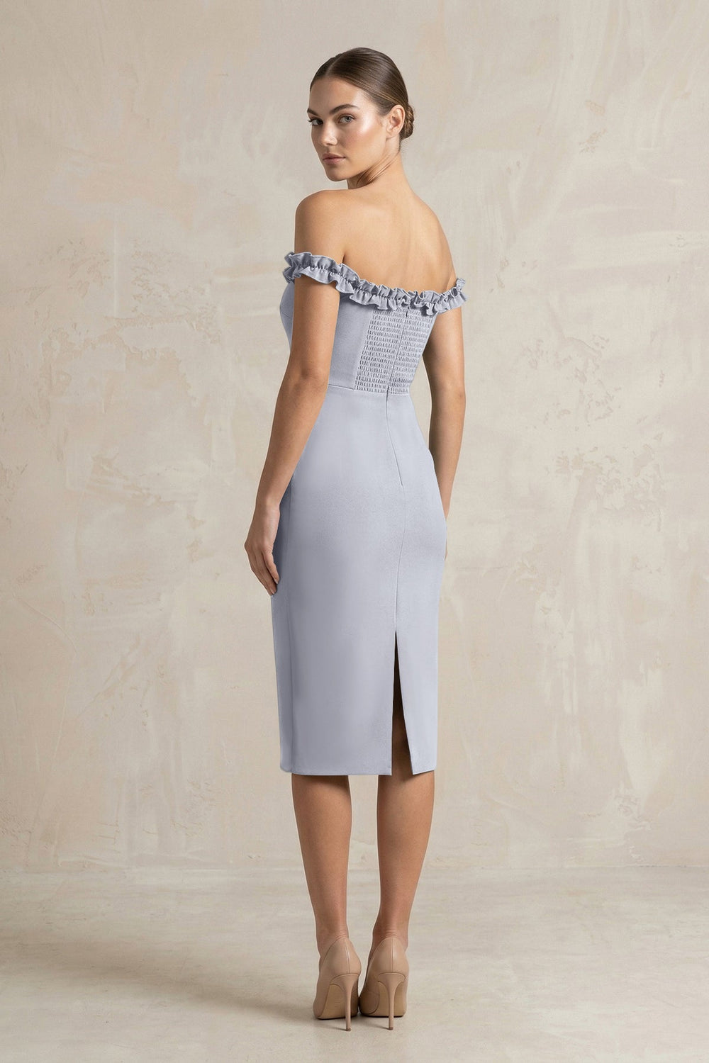 Off - the - Shoulder Sheath Ruffled Midi Bridesmaid Dress in Silver - KISS BRIDAL Bridesmaid Dresses