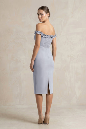 Off - the - Shoulder Sheath Ruffled Midi Bridesmaid Dress in Silver - KISS BRIDAL Bridesmaid Dresses