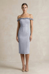 Off - the - Shoulder Sheath Ruffled Midi Bridesmaid Dress in Silver - KISS BRIDAL Bridesmaid Dresses