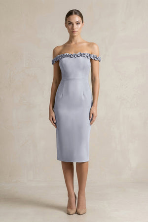 Off - the - Shoulder Sheath Ruffled Midi Bridesmaid Dress in Silver - KISS BRIDAL Bridesmaid Dresses