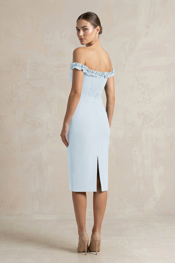 Off - the - Shoulder Sheath Ruffled Midi Bridesmaid Dress in Sky Blue - KISS BRIDAL Bridesmaid Dresses