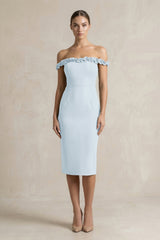 Off - the - Shoulder Sheath Ruffled Midi Bridesmaid Dress in Sky Blue - KISS BRIDAL Bridesmaid Dresses