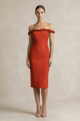 Off - the - Shoulder Sheath Ruffled Midi Bridesmaid Dress in Spice - KISS BRIDAL Bridesmaid Dresses