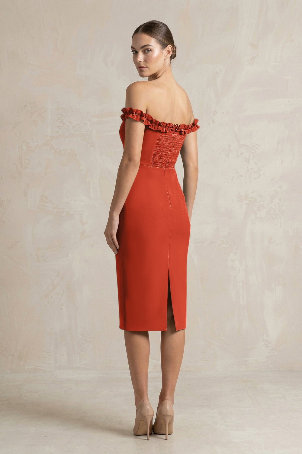 Off - the - Shoulder Sheath Ruffled Midi Bridesmaid Dress in Spice - KISS BRIDAL Bridesmaid Dresses